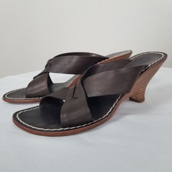 Bernardo Brown Leather Minimalist Bohemian Mid Heel Sandal Wedge Sz 8.5 (Defect) - Picture 4 of 14